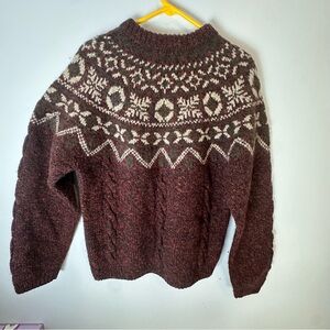 Vintage LL Bean Brown Wool Sweater Fair Isle/Nordic Pattern Cable Knit S